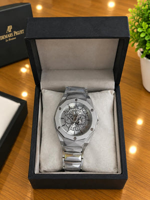 Silver Octagon Skeleton Chronograph Watch