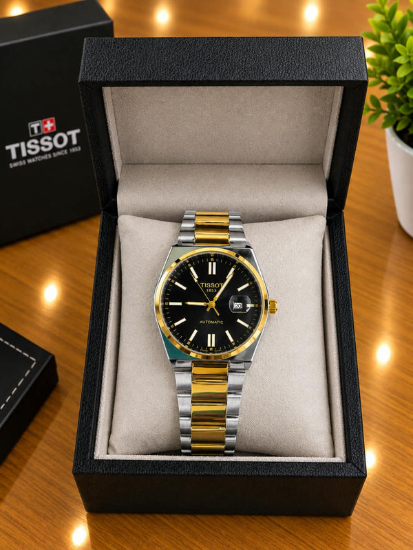 Two-Tone Gold & Silver Black Dial Watch — Stainless Steel