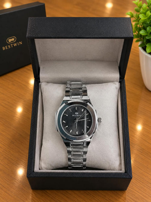 Black Textured Dial Silver Watch — Stainless Steel Octagon Case