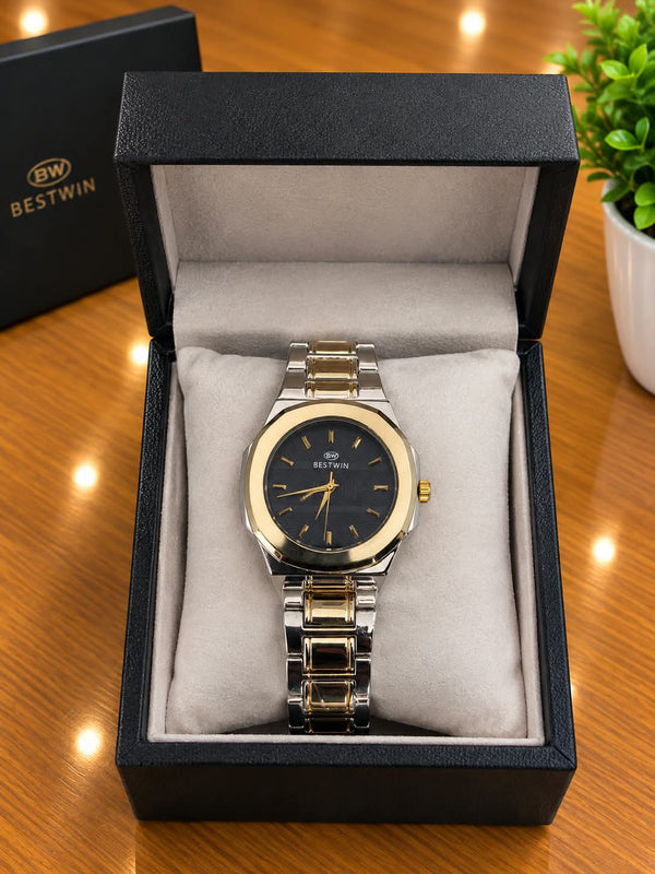 Gold Bezel Black Dial Watch | Two-Tone Stainless Steel
