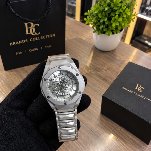 Silver Octagon Skeleton Chronograph Watch — Stainless Steel