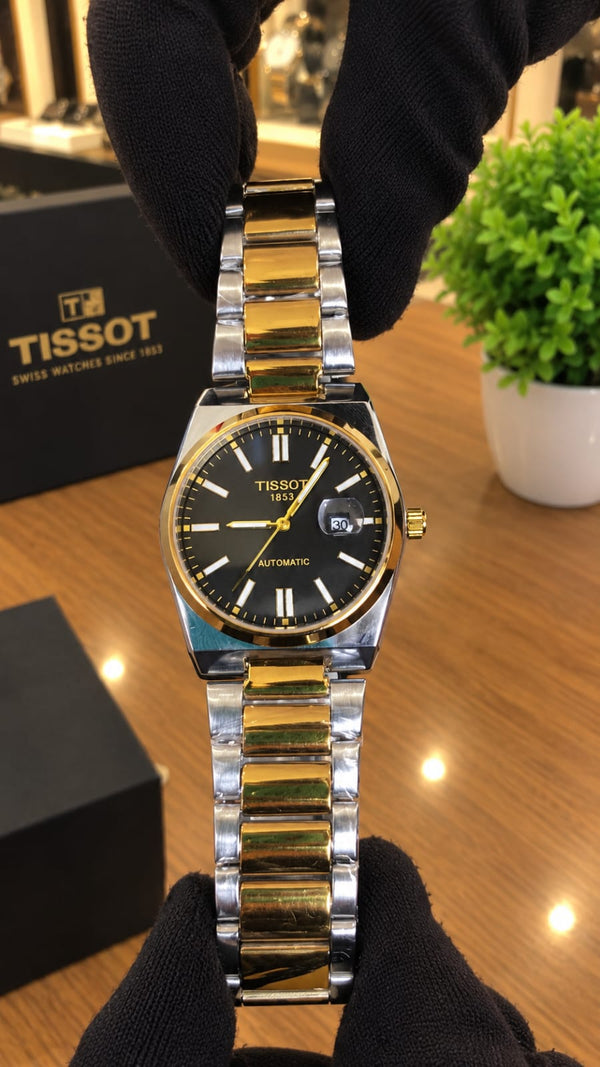 Two-Tone Gold & Silver Black Dial Watch — Stainless Steel
