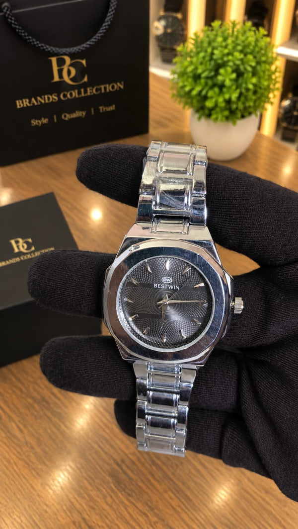Black Textured Dial Silver Watch — Stainless Steel Octagon Case