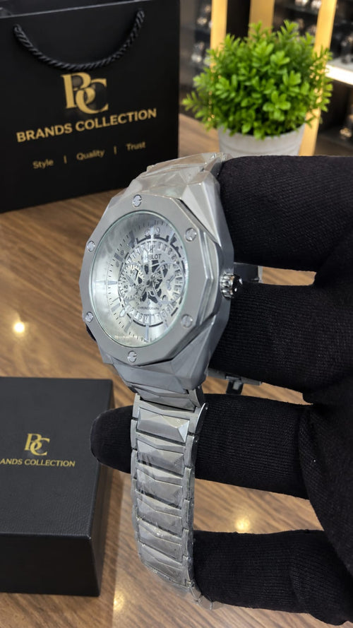 Silver Octagon Skeleton Chronograph Watch — Stainless Steel