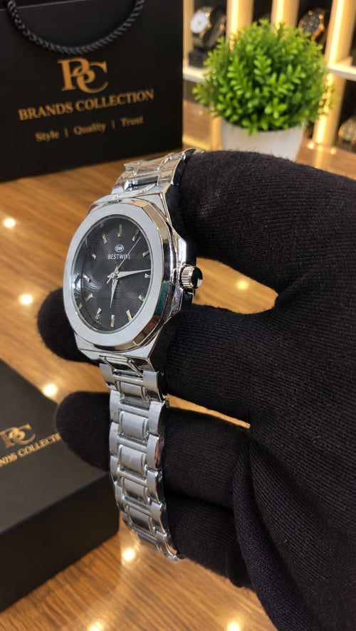 Black Textured Dial Silver Watch — Stainless Steel Octagon Case