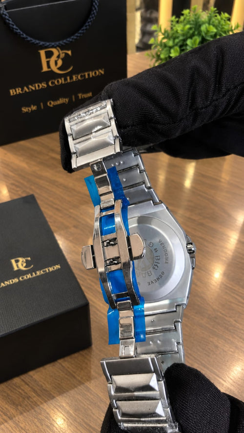 Silver Octagon Skeleton Chronograph Watch — Stainless Steel