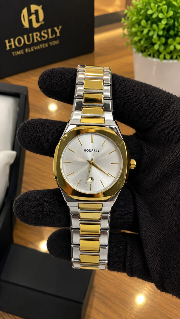 Two-Tone Gold Bezel Silver Dial Watch — Stainless Steel